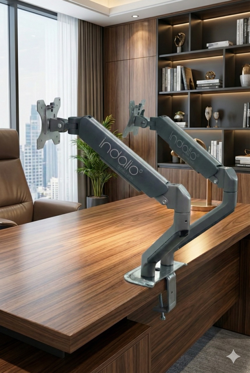 Dual monitor arm articulation close-up