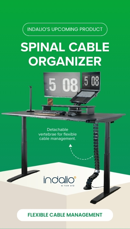 Indalio spinal cable organizer poster showing flexible cable management under a desk
