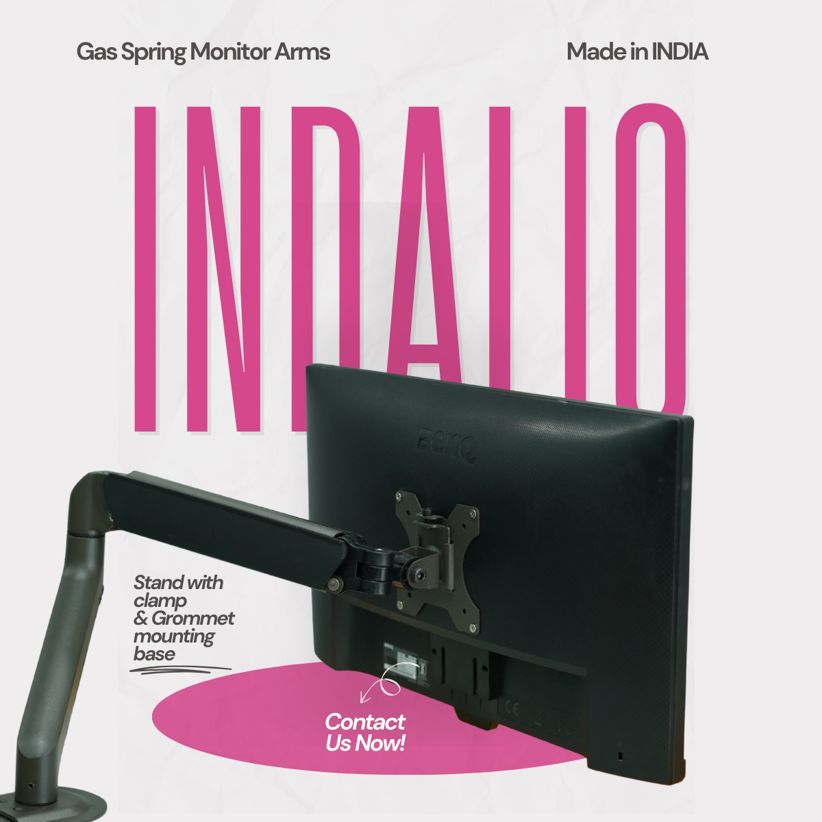 Square Indalio Monitor Arm poster highlighting clamp and grommet mounting base