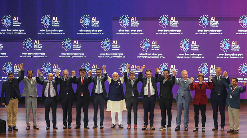 Indalio monitor arm setup at AI Summit 2026 with touch displays