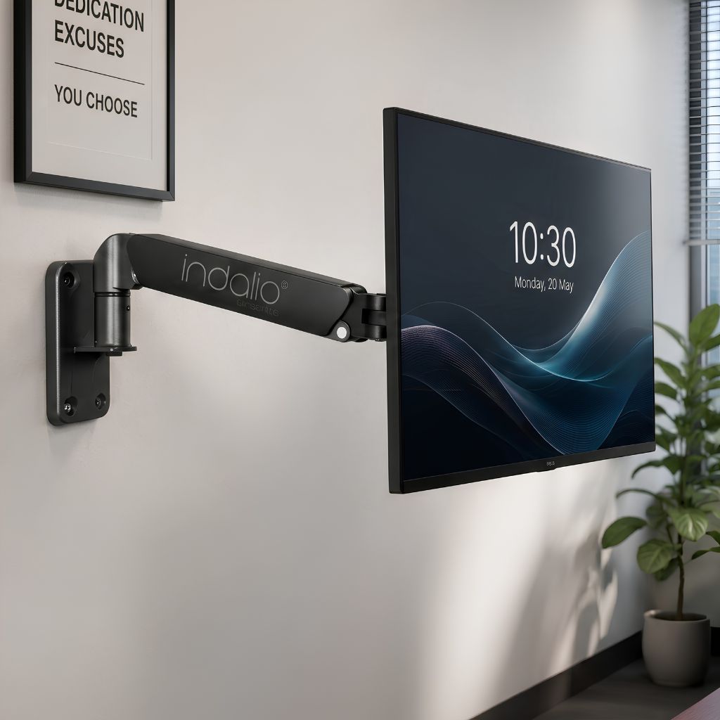 Indalio wall mount monitor arm installed on a workspace wall