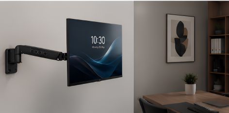 Wall mount monitor arm angled close-up